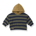 A children's hooded sweatshirt with horizontal navy and olive green stripes, featuring a solid mustard yellow hood and a small tan tag near the hem.