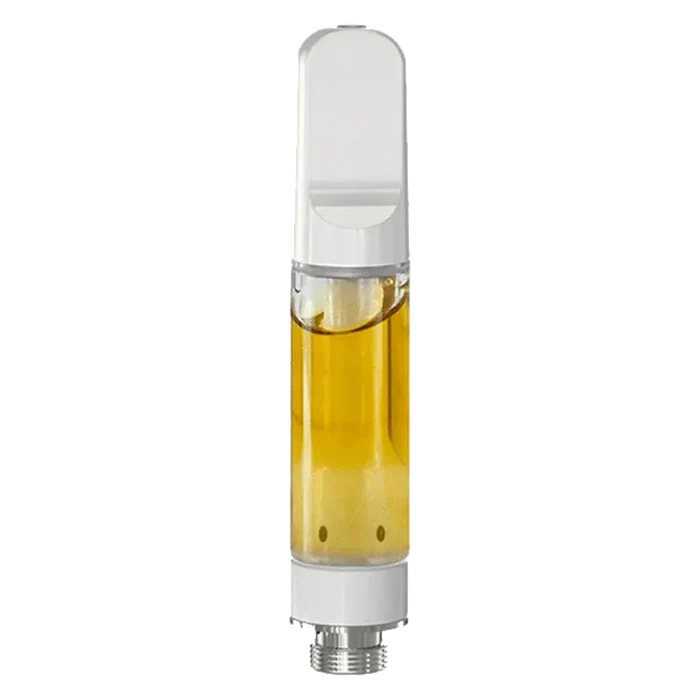 Vertical close-up of a clear 1:1 Vape Cartridge showing amber oil inside and a white mouthpiece against a white background