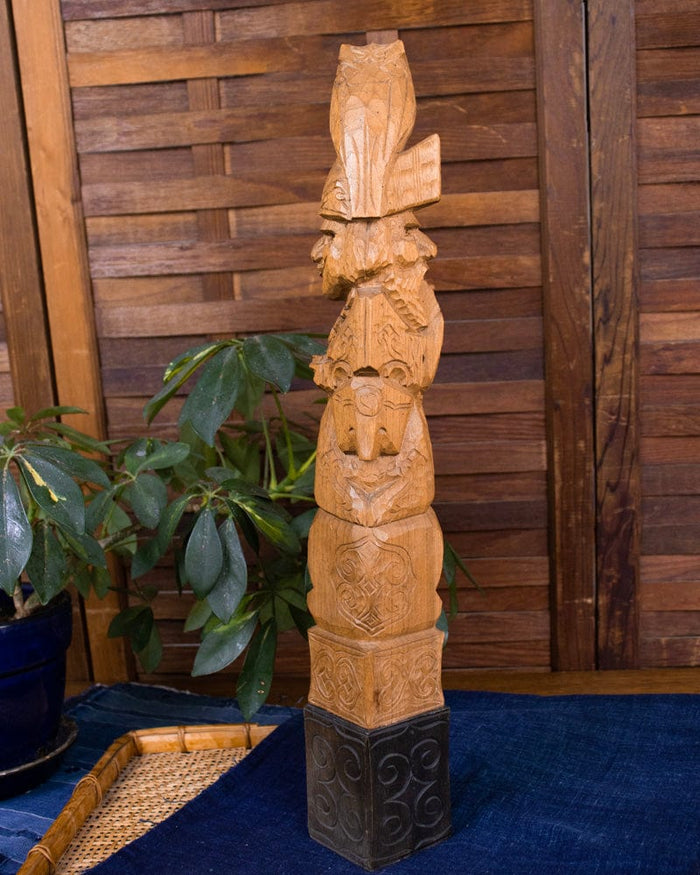 Ainu Doll, Wood Carving with Man, Woman, Bear, and Owl, 18" tall