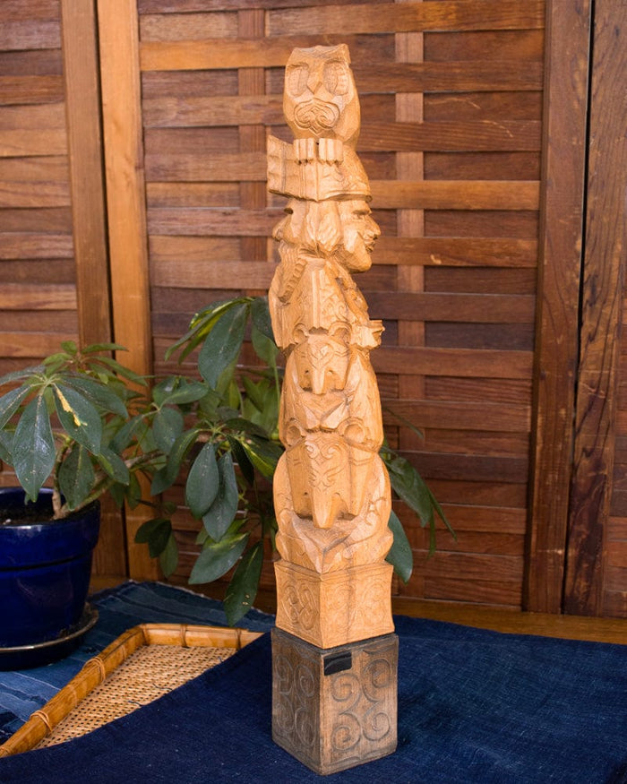 Ainu Doll, Wood Carving with Man, Woman, Bear, and Owl, 18" tall