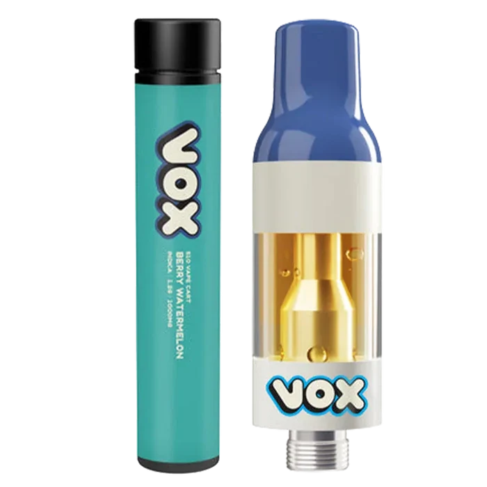Close-up front view of the Berry Watermelon Vape Cartridge by VOX showing a teal cylindrical battery and a clear cartridge with gold internals and a blue mouthpiece.