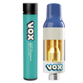 Close-up front view of the Berry Watermelon Vape Cartridge by VOX showing a teal cylindrical battery and a clear cartridge with gold internals and a blue mouthpiece.