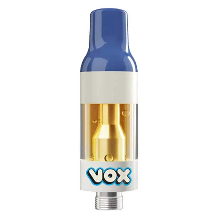Centered front view of the Berry Watermelon Vape Cartridge by VOX, showing its blue mouthpiece, clear cartridge chamber with gold interior, and white base logo