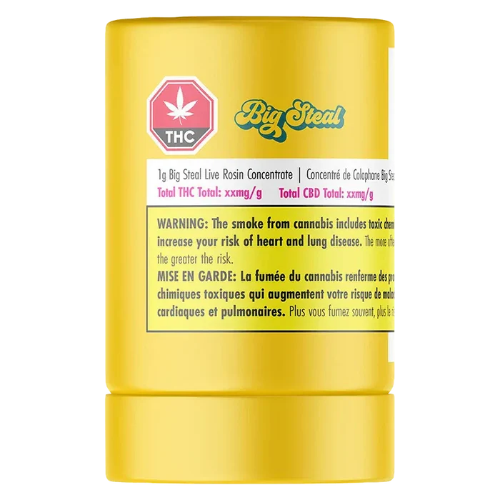 Front-facing view of a yellow cylindrical container labeled Big Steal Live Rosin with a THC emblem and a bilingual warning panel.