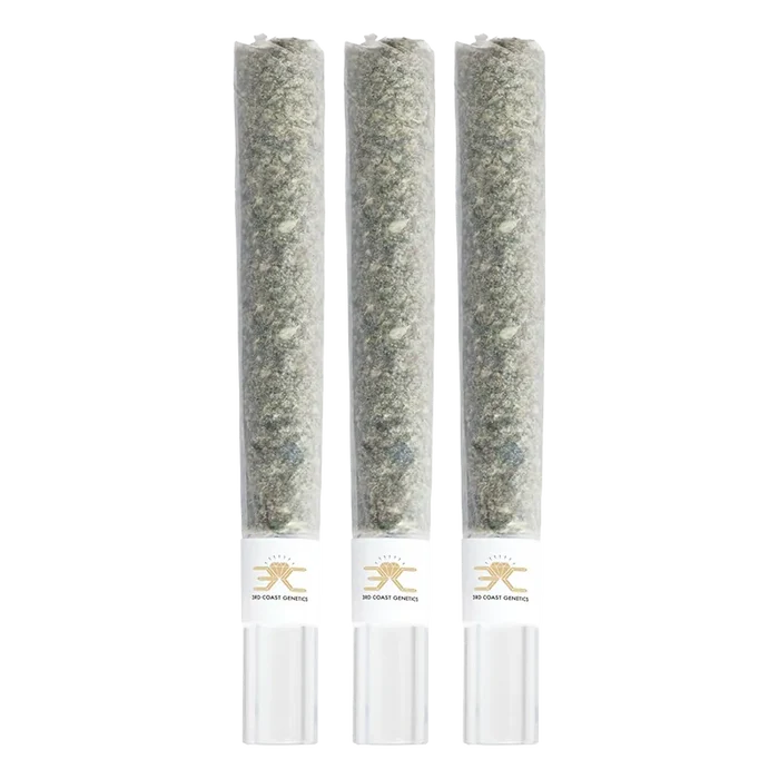 Three vertical glass tip pre-rolls shown front-on with visible herb and white branded bands reading Black Truffle Glass Tip PR 3 x 1 g.