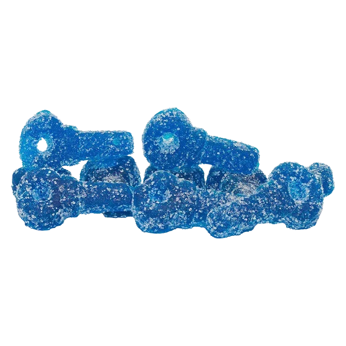 Close-up of bright sugar-coated Blue Razz Lemonade Gummies piled on a white background, showing granular texture and blue hues.