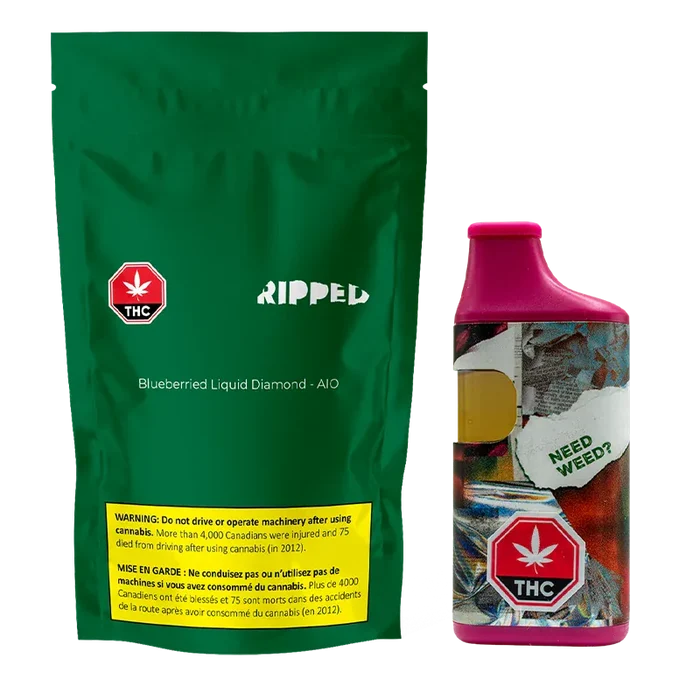 Product shot with a front view of the Blueberried Liquid Diamond Disposable Vape standing next to green branded pouch packaging on a white background