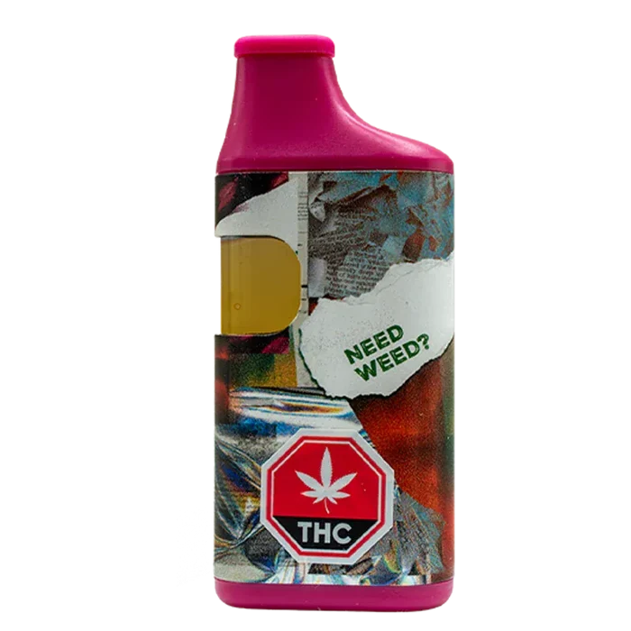 Front-facing shot of a colorful device with pink mouthpiece and collage label reading "NEED WEED?" — Blueberried Liquid Diamond Disposable Vape.