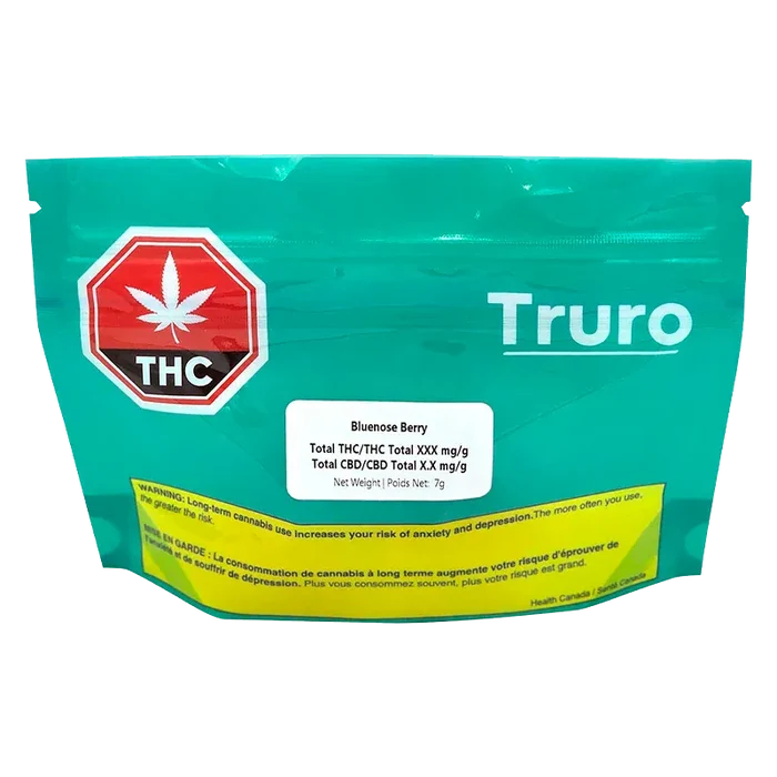 Front-facing pouch labeled Bluenose Berry by Truro with a teal background, white product label center and THC symbol left.