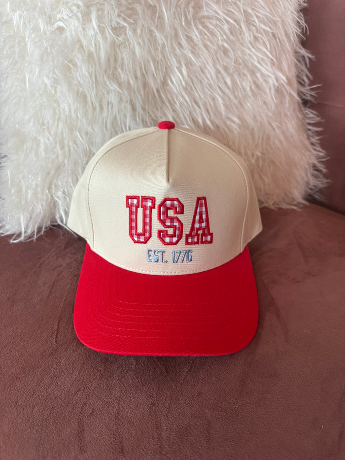 C.C Gingham Check USA EST 1776 Letter Two Tone Trucker Hat - Red