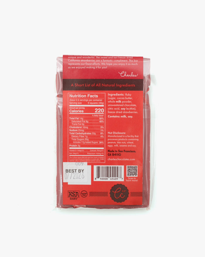 Charles Chocolates, Ruby Cacao Strawberry Bar, 3.5 oz