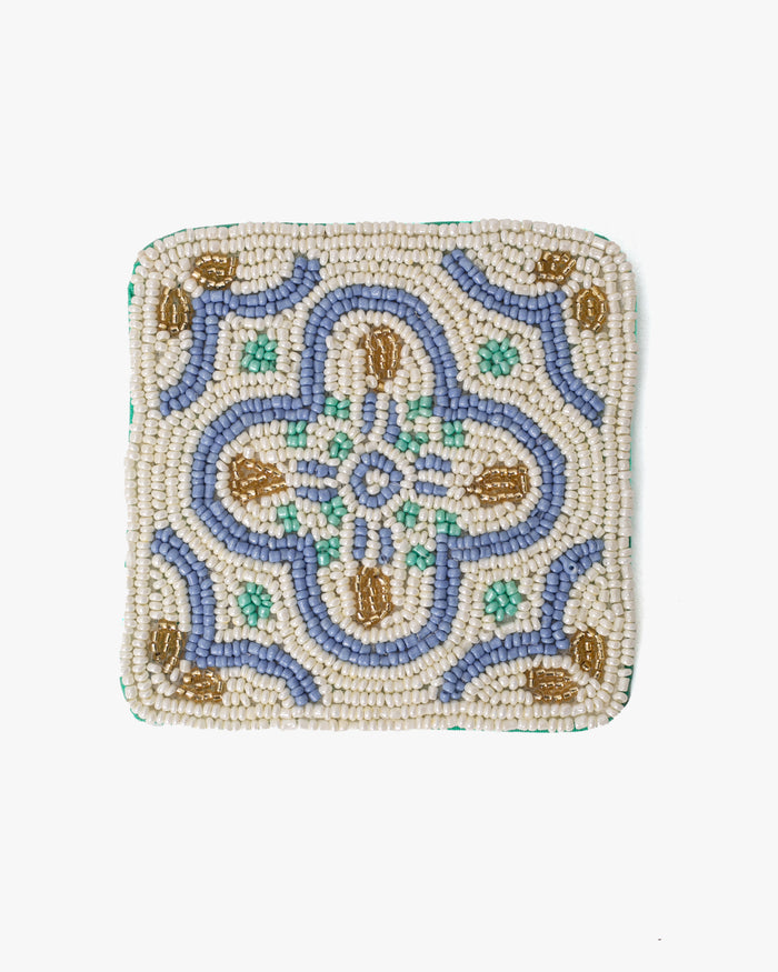 Coaster, Bisque, Beaded Flower Pattern White