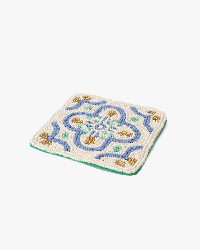 Coaster, Bisque, Beaded Flower Pattern White