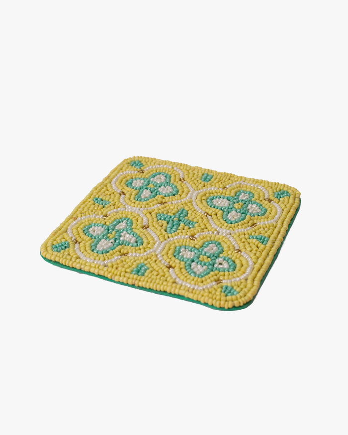 Coaster, Bisque, Beaded Flower Pattern Yellow