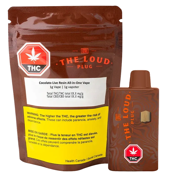 Front-facing shot of a brown Cocolato Live Resin Disposable Vape and its matching pouch, both shown upright on a white background.