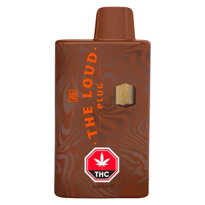 Front-facing shot of a brown, wood-grain Cocolato Live Resin Disposable Vape with orange "THE LOUD PLUG" text and a red THC symbol.