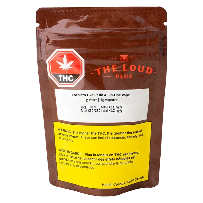 Front view of a brown pouch labeled "Cocolato Live Resin Disposable Vape" with a red THC stop-sign logo and a prominent yellow health warning.