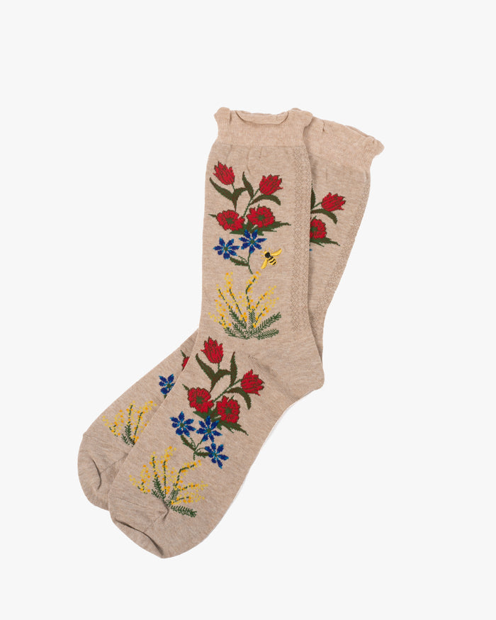Debby Co. Crew Socks, Andeotte Collection, Beige with Ladybug