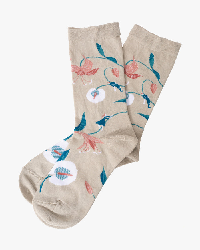 Debby Co. Crew Socks, Andeotte Collection, Botanical Dance Beige