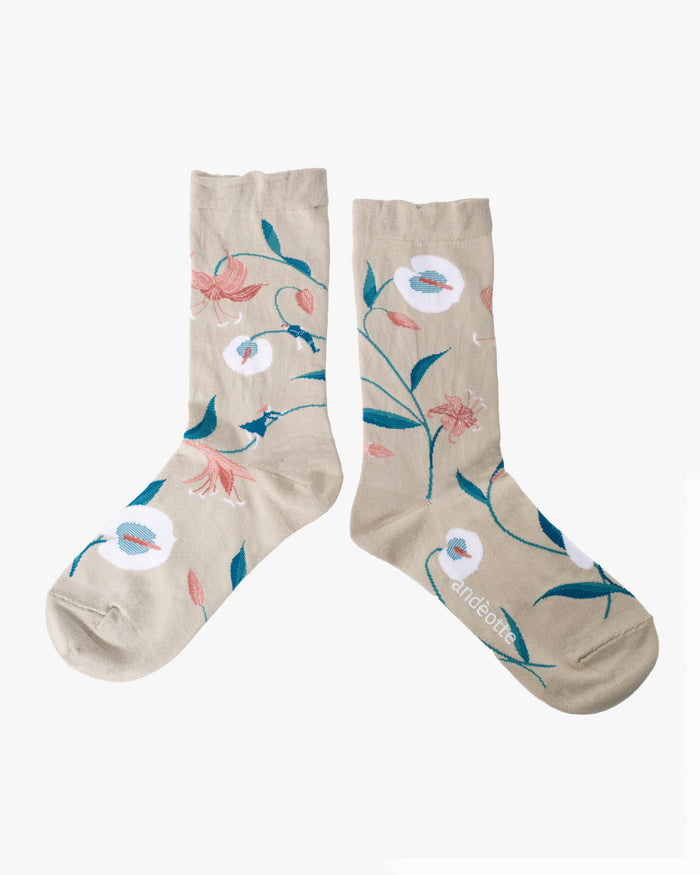 Debby Co. Crew Socks, Andeotte Collection, Botanical Dance Beige
