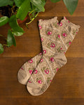 Debby Co., Crew Socks, Maison Blanche Collection, Beige with Magenta Flowers
