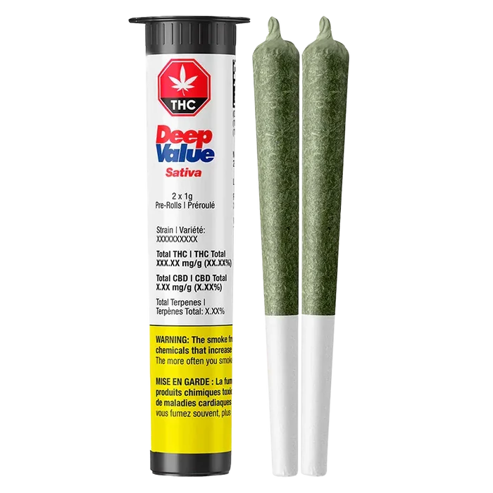 Tall studio shot of the Deep Value PR 2 x 1 g tube standing beside two green pre-rolls on a white background.
