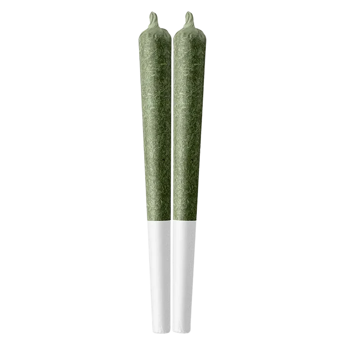 Top-down view of two green pre-rolls standing side-by-side labeled Deep Value PR 2 x 1 g with white tips on a white background