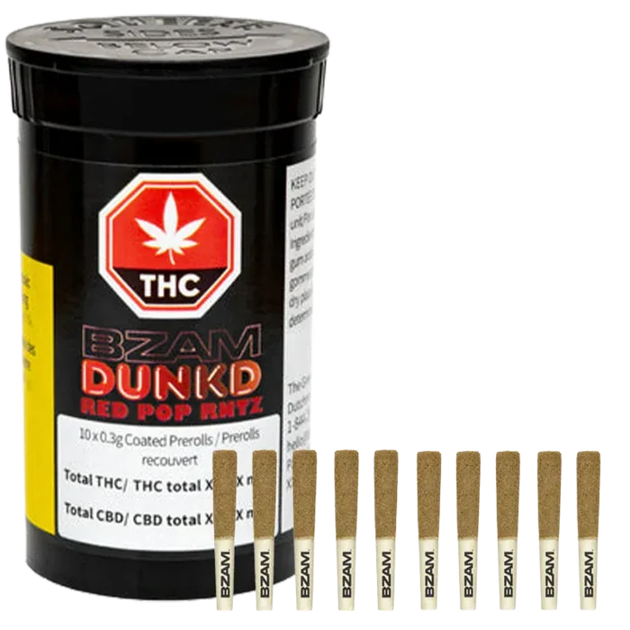 Front-facing shot of a black tub and a row of ten pre-rolls labeled "BZAM" in front of the Dunkd Red Pop Rntz Infused PR 10 x 0.3 g packaging.