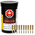 Front-facing shot of a black tub and a row of ten pre-rolls labeled "BZAM" in front of the Dunkd Red Pop Rntz Infused PR 10 x 0.3 g packaging.