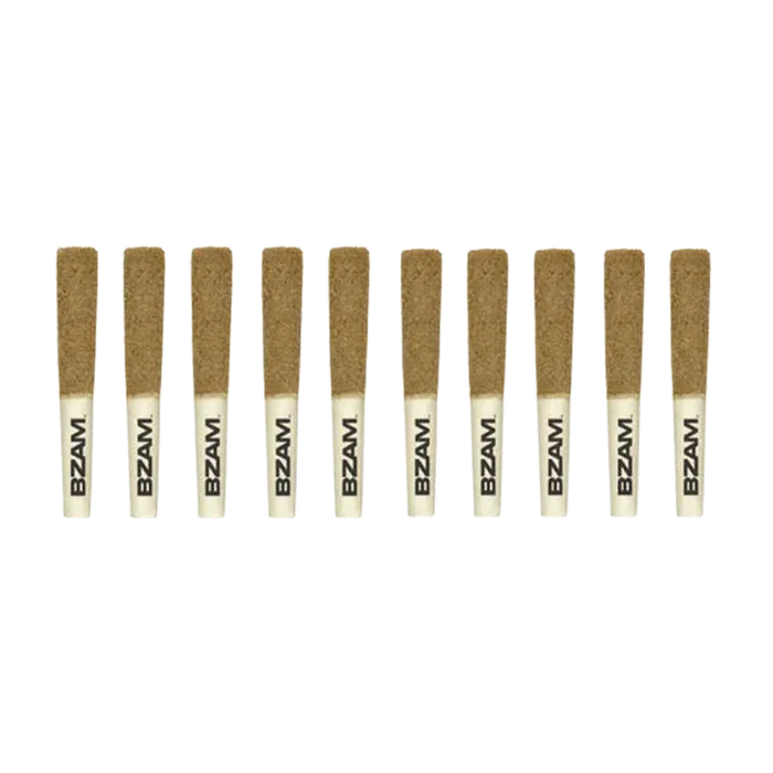 Row of ten upright Dunkd Red Pop Rntz Infused PR 10 x 0.3 g pre-rolls with brown tips and white BZZAM-branded filters on a white background