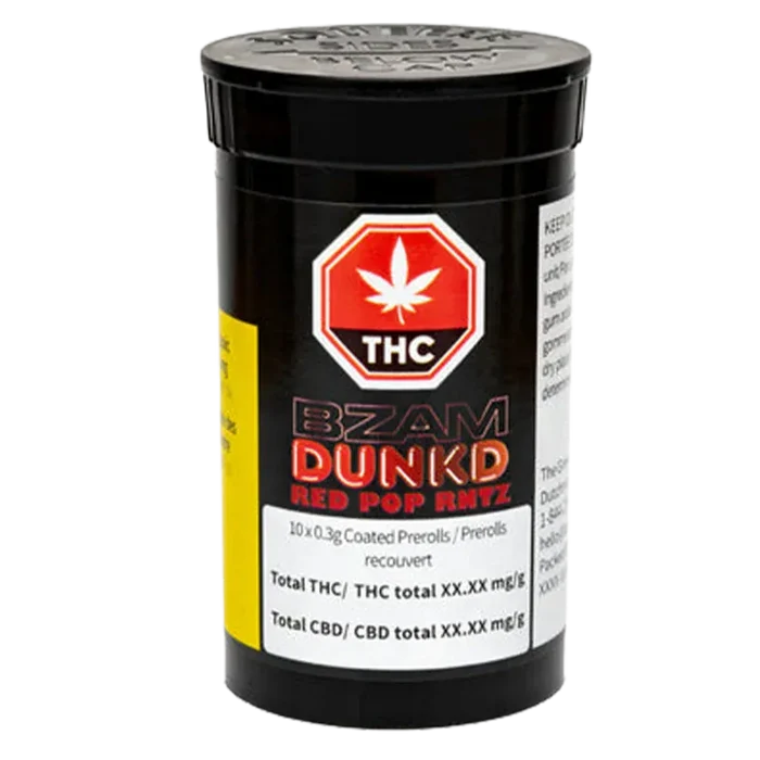 Front-facing view of a black canister labeled "Dunkd Red Pop Rntz Infused PR 10 x 0.3 g" against a white background, showing a red THC stop-sign logo and product text.