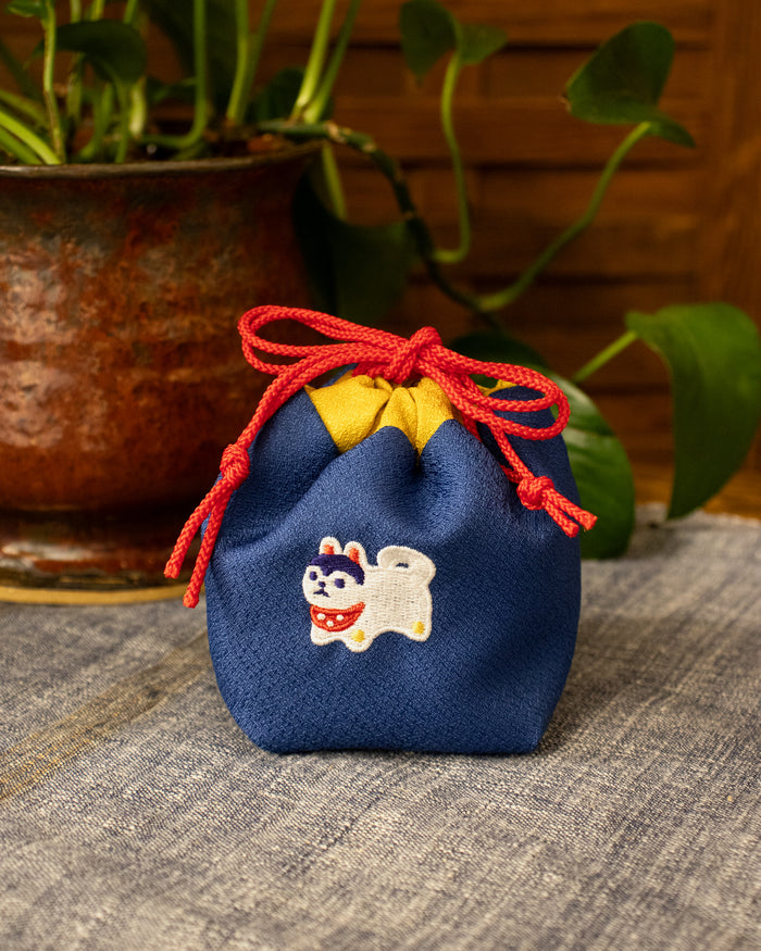 Embroidered Kinchaku, Miyamoto, Dark Blue Inu Hariko