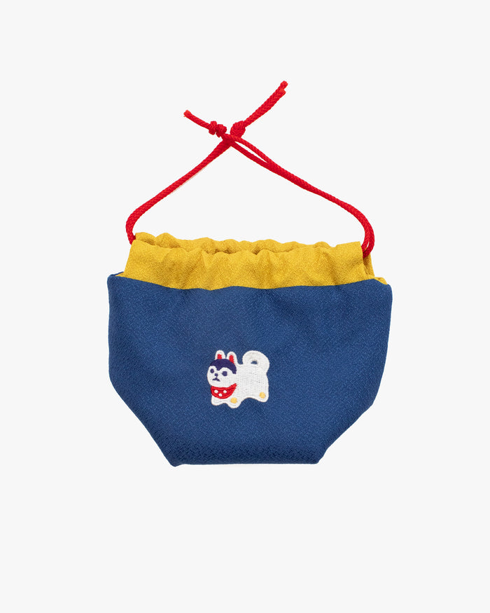 Embroidered Kinchaku, Miyamoto, Dark Blue Inu Hariko