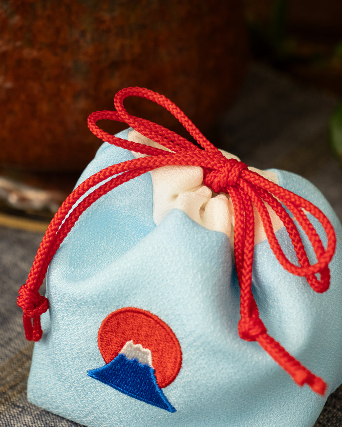 Embroidered Kinchaku, Miyamoto, Light Blue Mt. Fuji