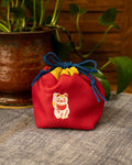 Embroidered Kinchaku, Miyamoto, Red Maneki Neko