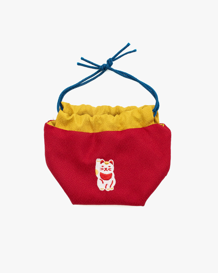 Embroidered Kinchaku, Miyamoto, Red Maneki Neko