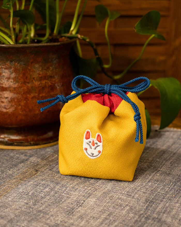 Embroidered Kinchaku, Miyamoto, Yellow Kitsune