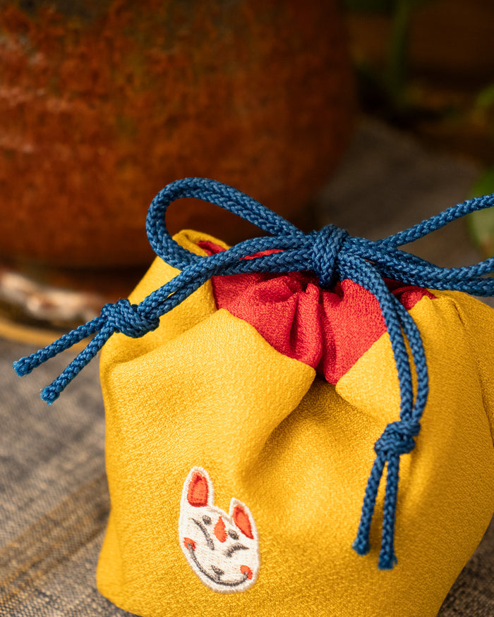 Embroidered Kinchaku, Miyamoto, Yellow Kitsune