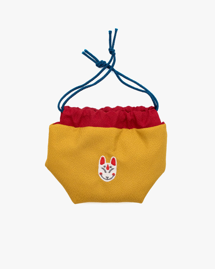 Embroidered Kinchaku, Miyamoto, Yellow Kitsune