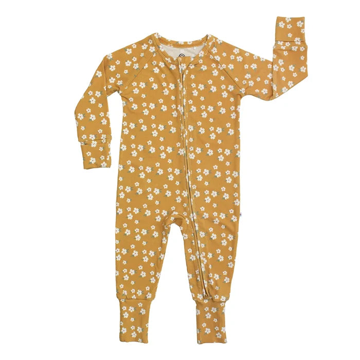 Emerson and Friends - Golden Blooms Ribbed Bamboo Convertible Footie Romper