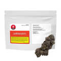 Front-facing pouch labeled Frisian Dew with a red and white sticker and a dark, frosty cannabis bud positioned at the lower right.