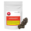 Front-facing white pouch labeled Frisian Dew with a red logo block and a dark purple cannabis bud shown at lower right.
