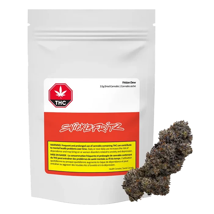 Front-facing white pouch labeled Frisian Dew with a red logo block and a dark purple cannabis bud shown at lower right.