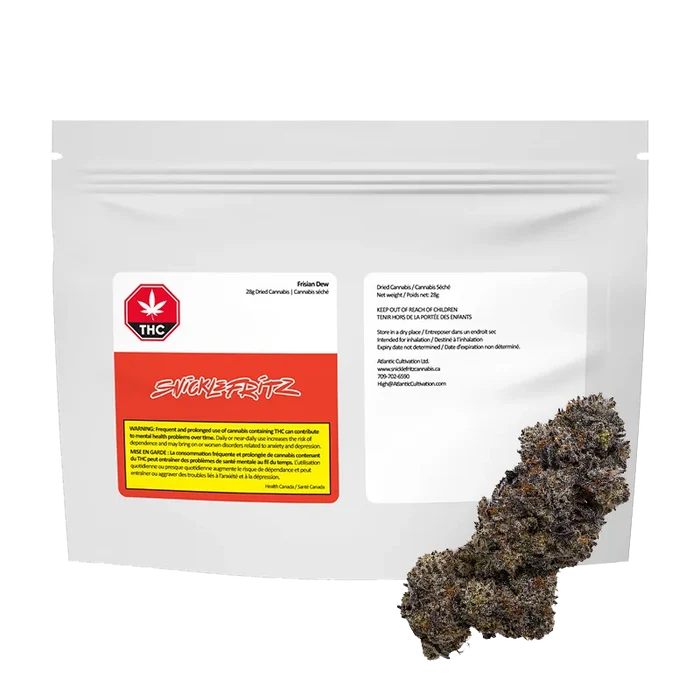 Front view of the white pouch with a red label and a cannabis bud beside it, showing the "Frisian Dew" branding.