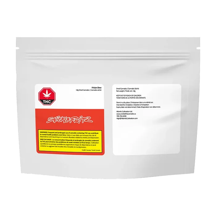 Rear view of a white resealable pouch showing the Frisian Dew brand label with a red THC icon and product information panels.