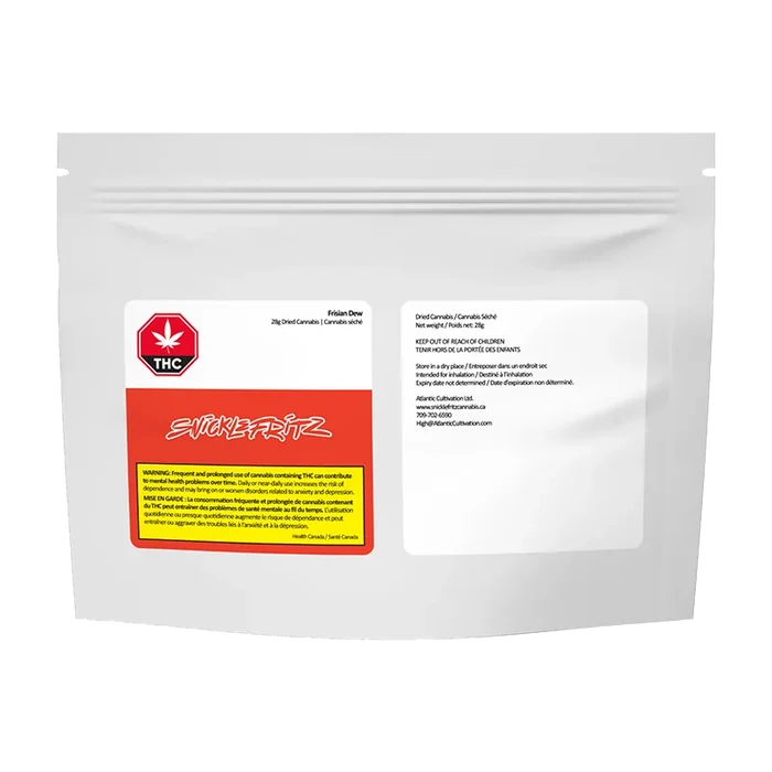 Front-facing shot of the white pouch labeled "Frisian Dew" with a red SnickleFritz logo and THC symbol on the left.