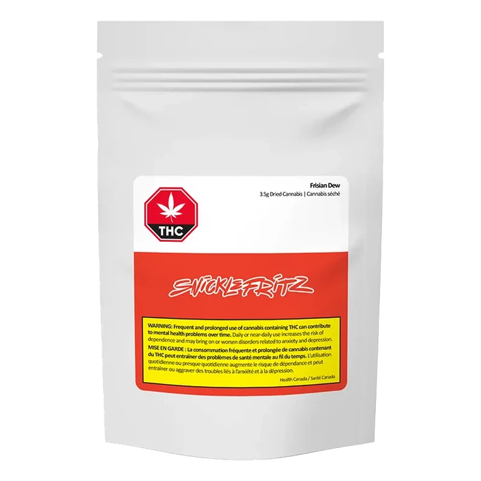 Front-facing pouch shot of Frisian Dew with the Snicklefritz red-and-white branded label, THC stop-sign icon, and yellow warning block.