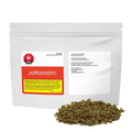Front view of a white resealable pouch labeled "Fruit Stripez" with a red and yellow warning panel and a small pile of loose green herbal material in front.