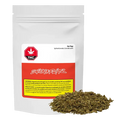 Front-facing shot of a white pouch labeled Gas Tingz with a red band and a pile of green-brown dried herb at its base.