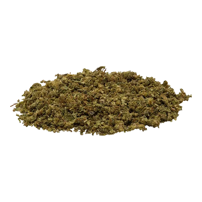Low-angle view of a loose green herb pile labeled Gas Tingz spread against a white background.